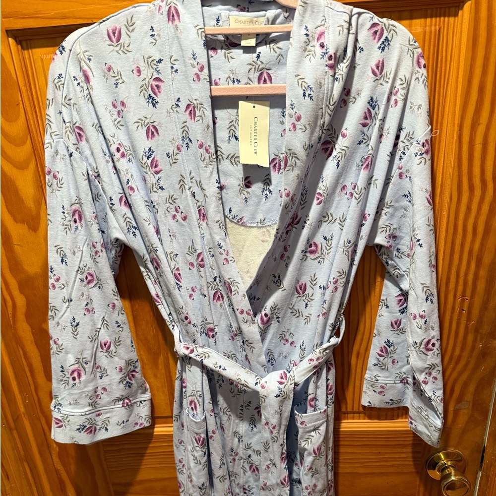 New Charter Club Floral Print Robe - Light Blue and Pink 100% Cotton Size Medium